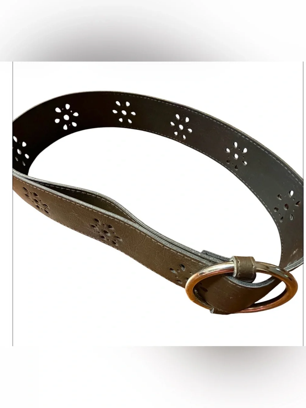 Women's Brown Leather Floral Cutout Belt with Double Ring Buckle